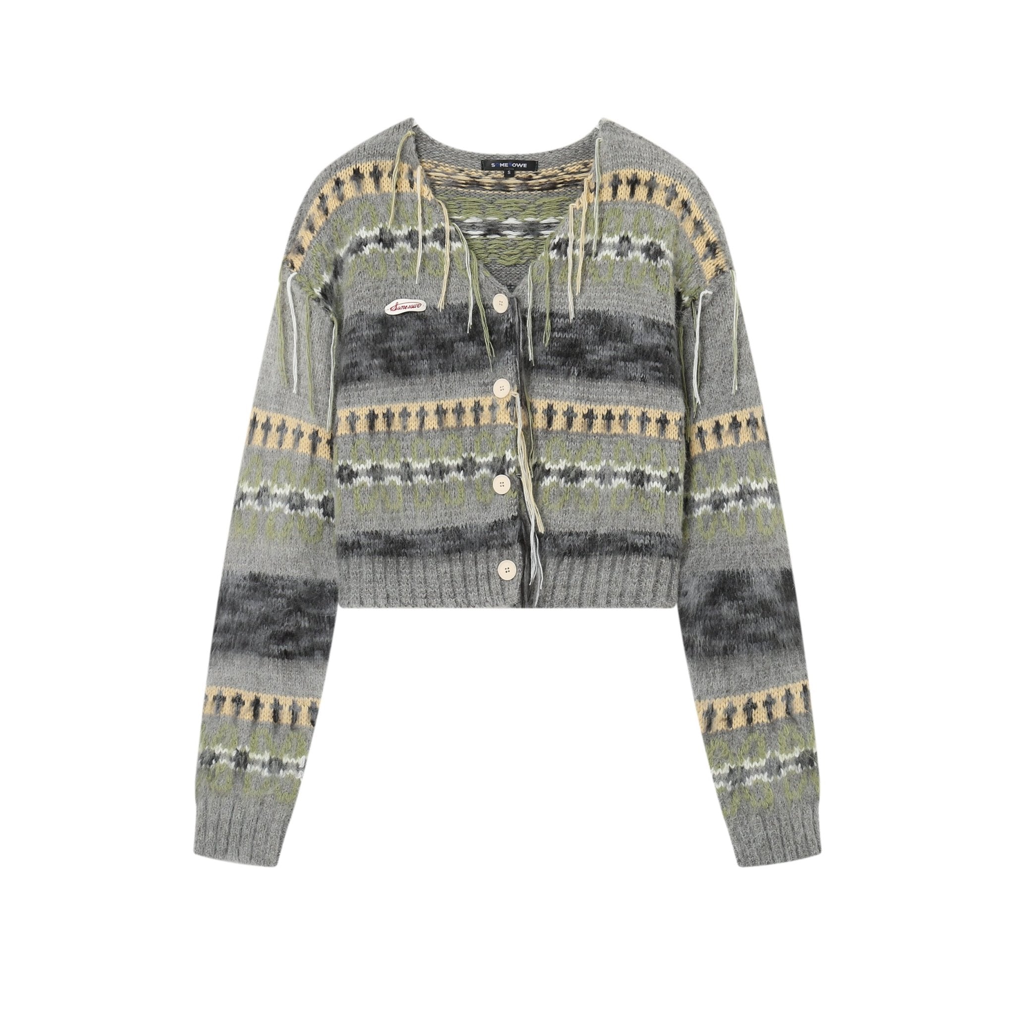 Grey Tassle Collar Jacquard Short Cardigan