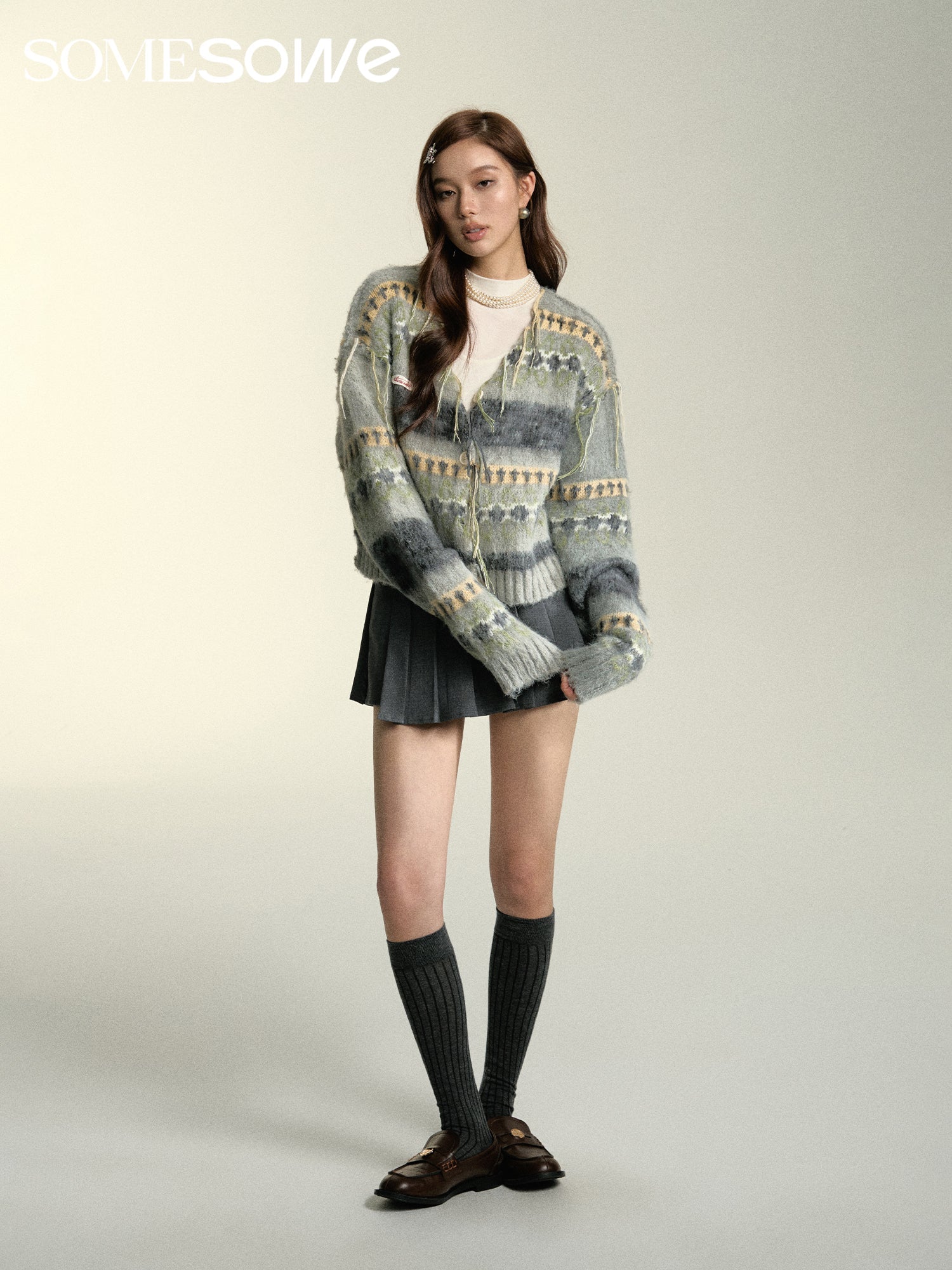 Grey Tassle Collar Jacquard Short Cardigan