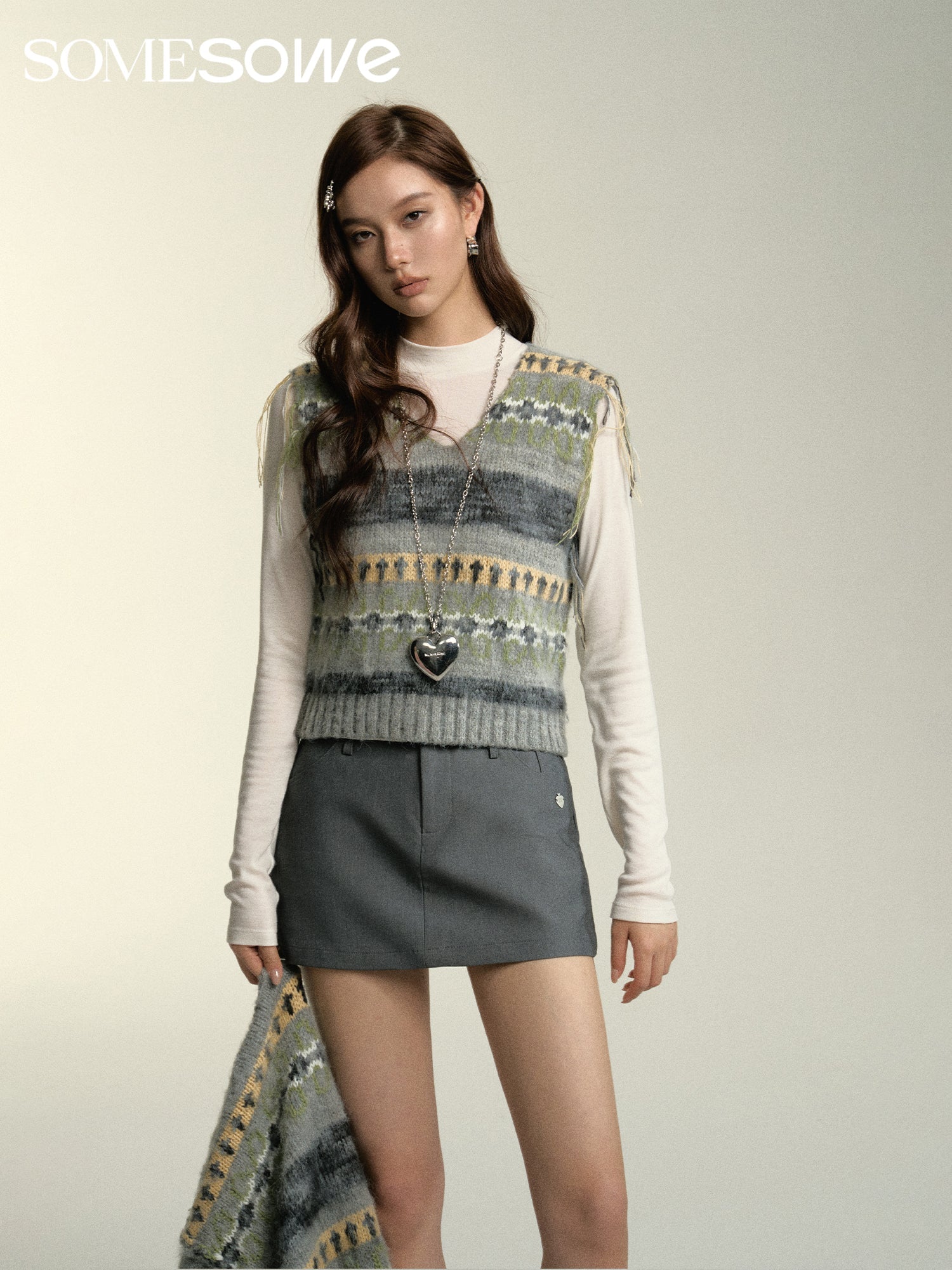 Grey Tassle Collar Jacquard Vest