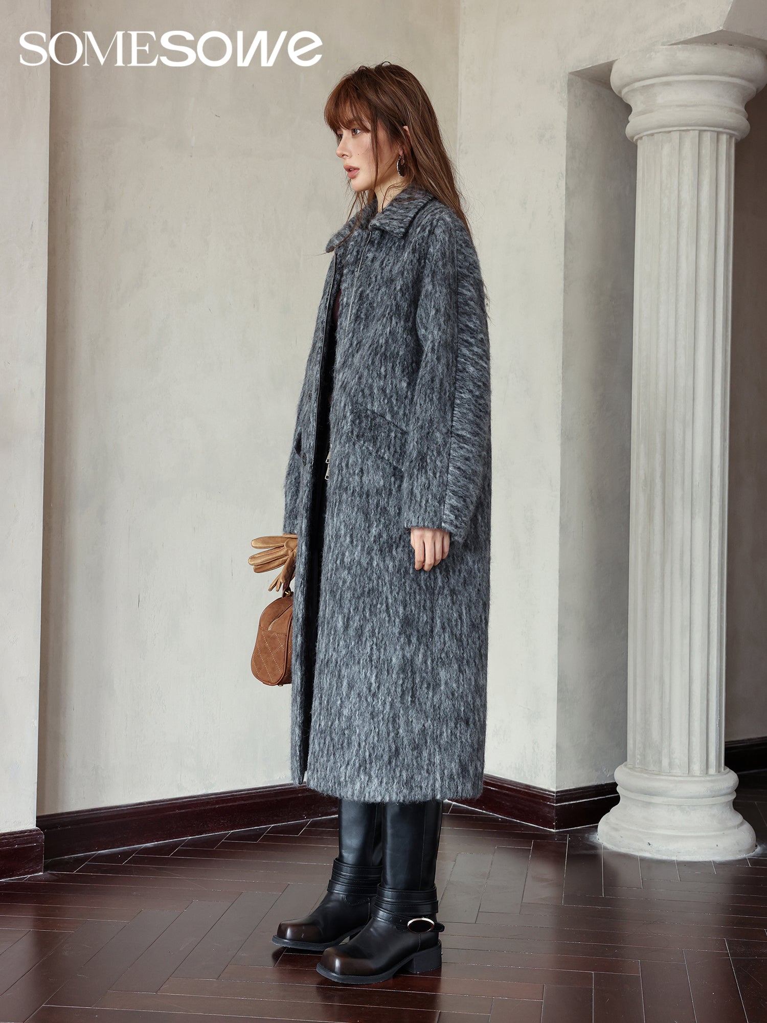 Grey Wave Pattern Long Wool Coat