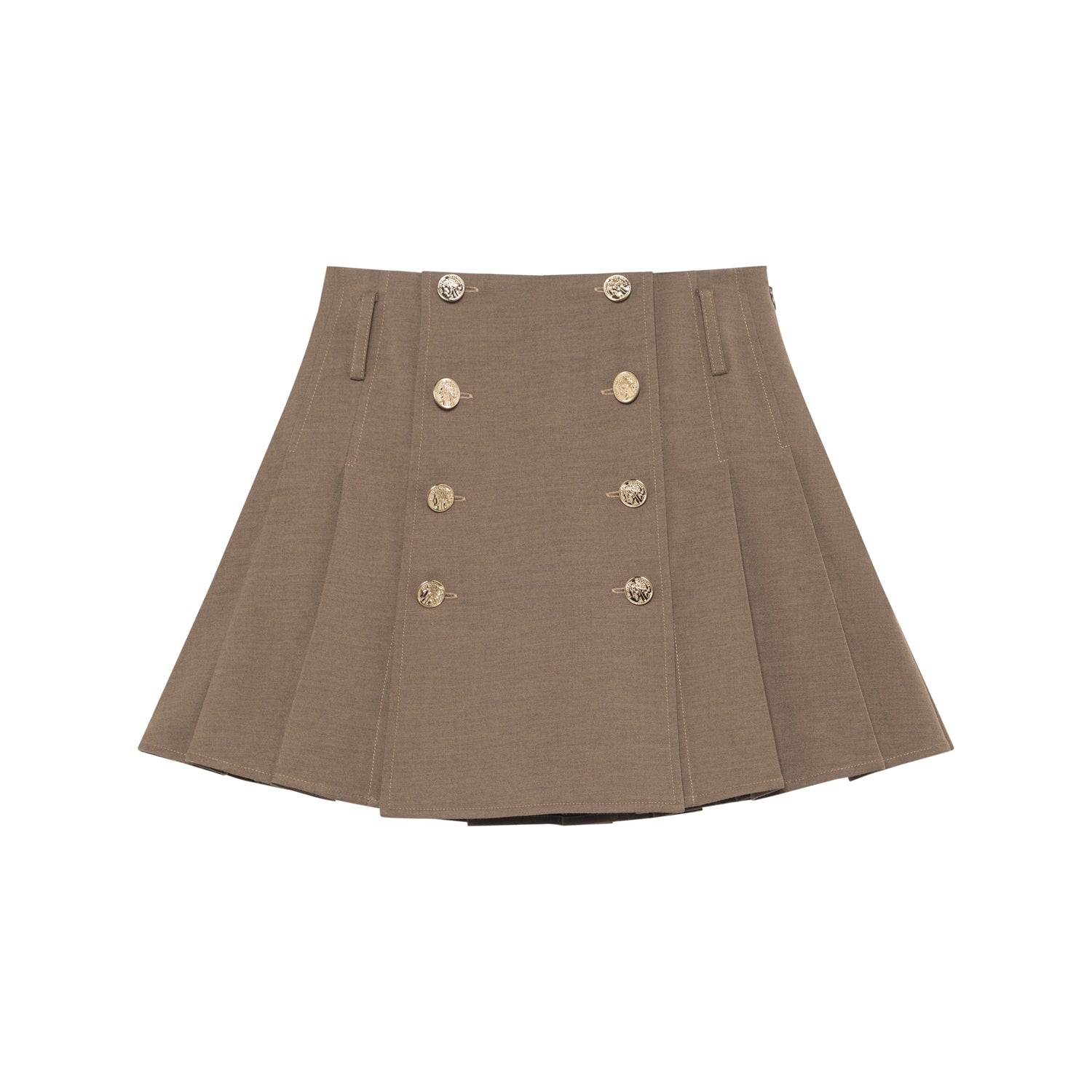 Khaki Button Pleated Short Skirt