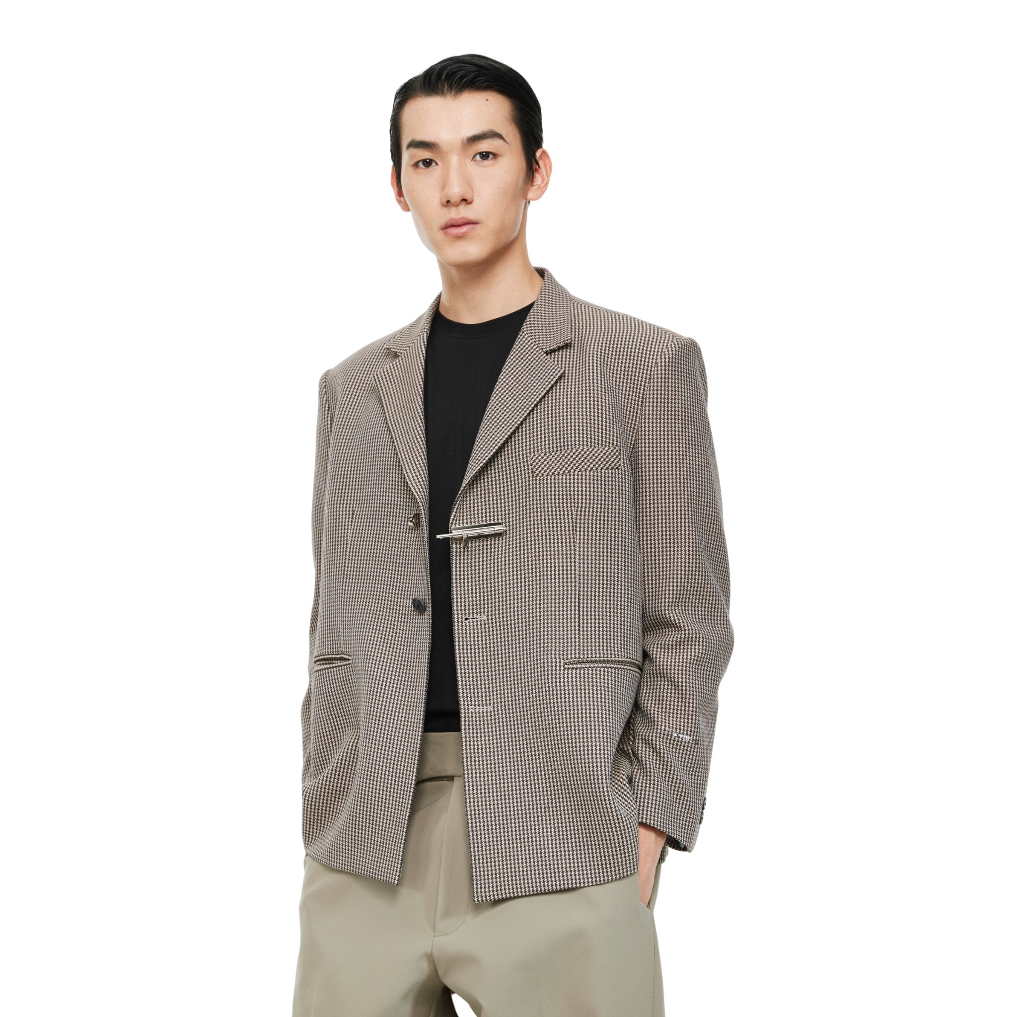 Khaki Single-Breasted Houndstooth Suit with Toggle Fastening