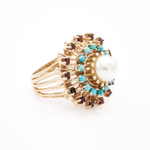 Pearl Cocktail Ring with Turquoise and Garnet Halos