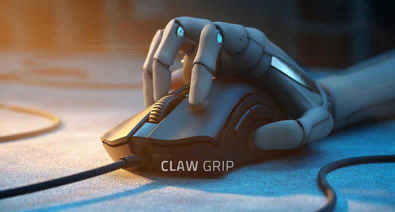 A gamer holding a gaming mouse using a claw grip style