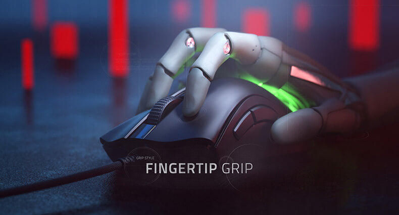 A gamer holding a gaming mouse using a fingertip grip style