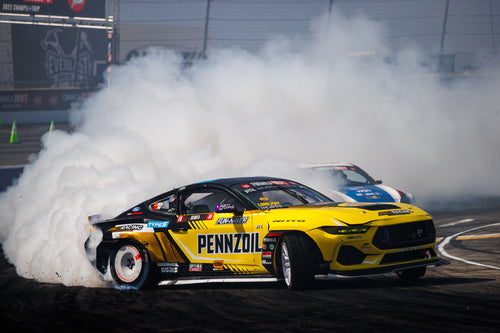 Chelsea DeNofa drifting his 2024 Mustang RTR Spec 5-FD at Formula Drift Irwindale