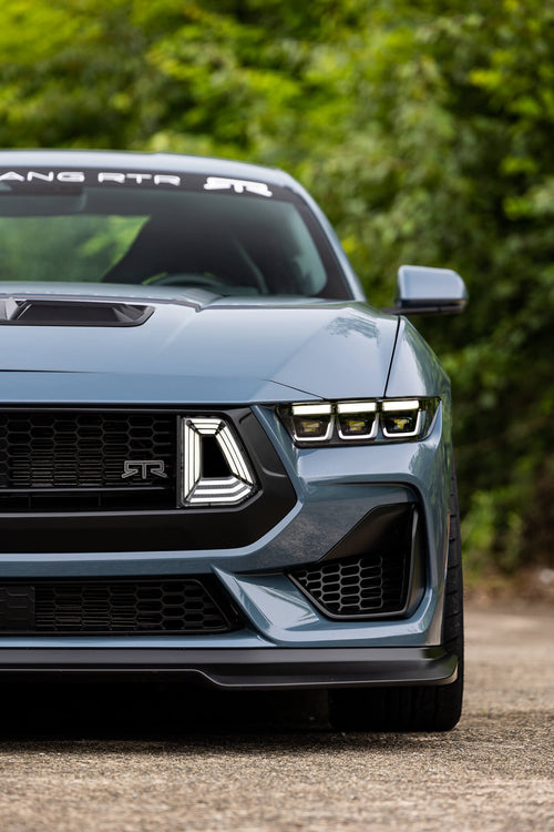 New 2024 Mustang Grilles that feature RTR's textured design element adds depth and dimension to the front end, creating a dynamic visual effect that conveys motion even in stillness