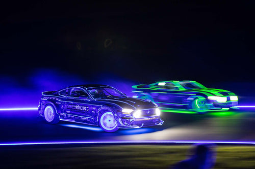 Vaughn Gittin Jr and Chelsea DeNofa drift their Mustang RTR Spec 5-Ds at night fitted with TYPE S lighting