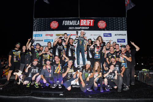Formula Drift Englishtown podium photo featuring Adam LZ and the rest of the RTR team