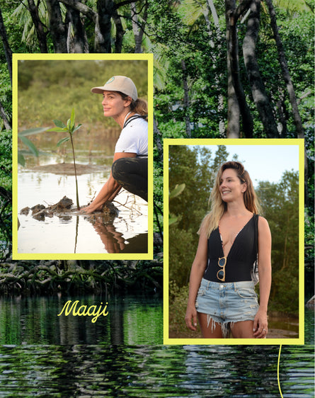Manuela Gonzales, actress, planting a mangrove. At the side, Claudia Bahamón, eco – activist and tv host, standing up wearing a black Maaji one-piece.