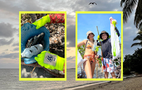 Maaji beach clean-up gloves holding a bucket full of trash. There is also two women and a kid holding bags of trash collected at the beach.