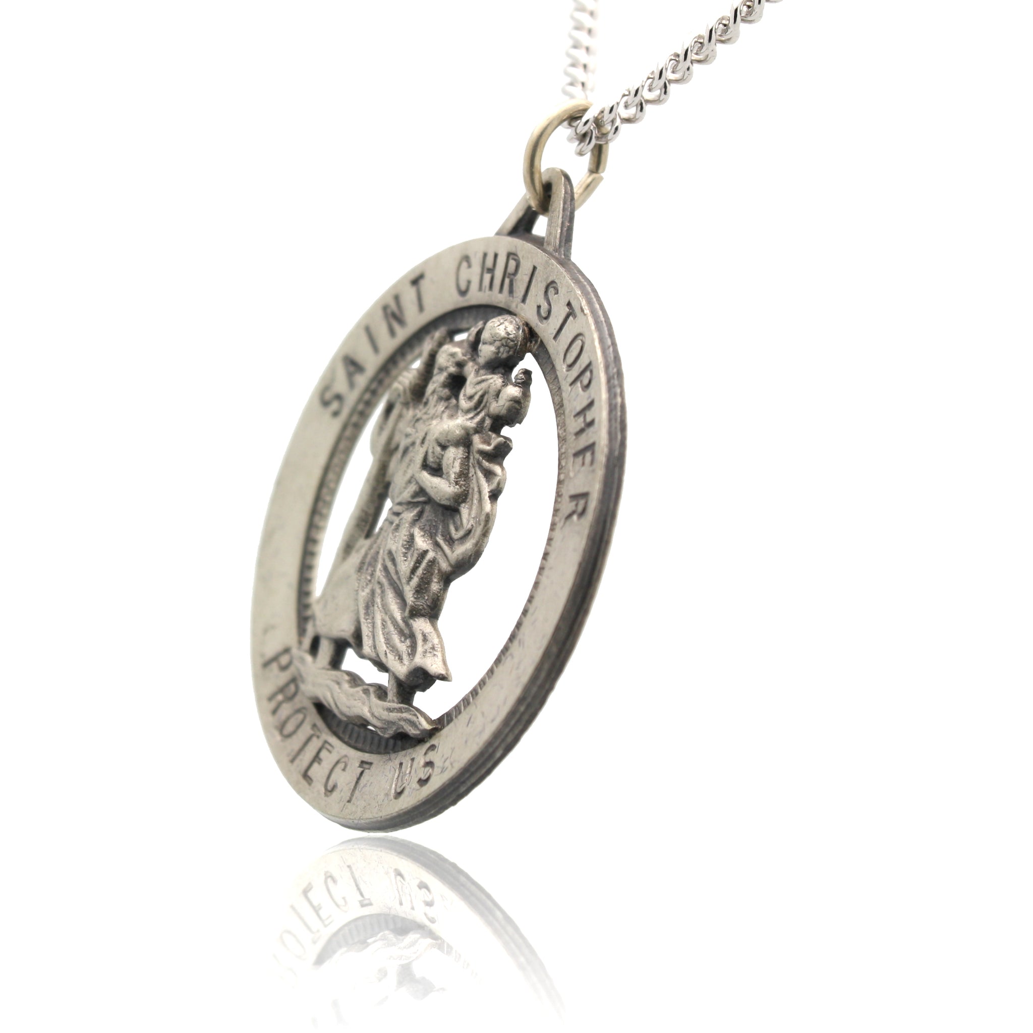 Men's Large Saint Christopher Round Cut Out Medal and Necklace Solid 9 ...