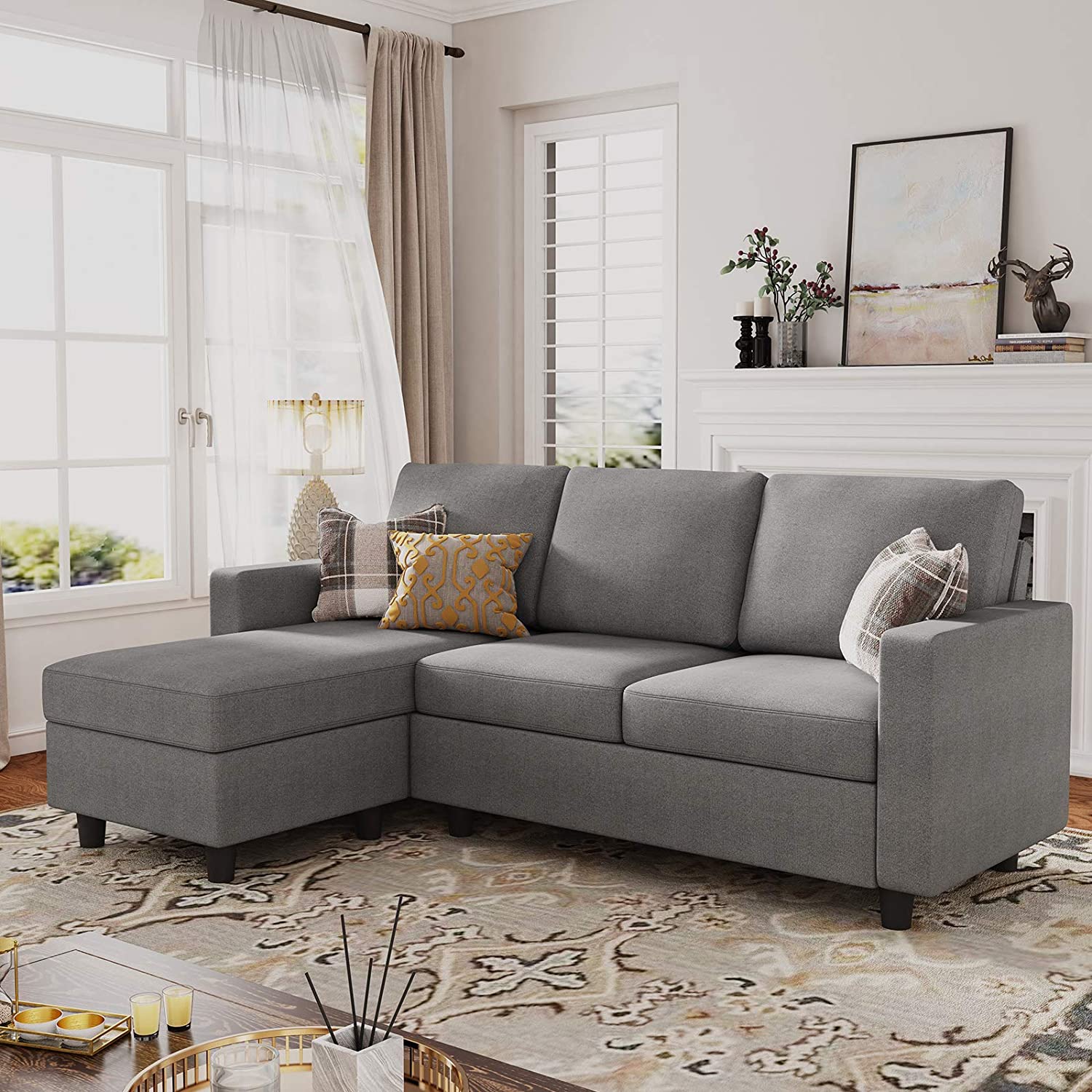L Shape Convertible Sectional With Reversible Chaise, Grey