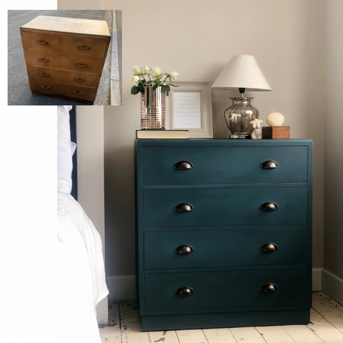 Blue chest of drawers with cup handles 