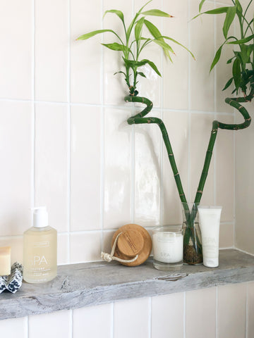 Glazed bathroom tiles, with bamboo and bathroom accessories