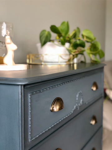 Blue hand painted sideboard with carved ornate detail