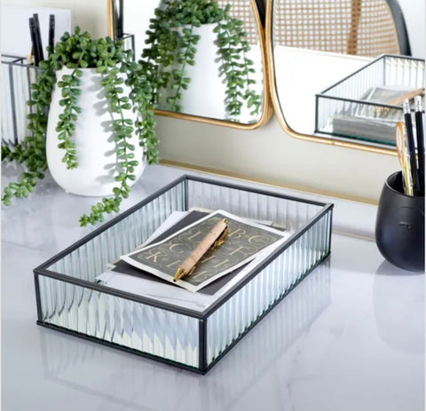 Fluted glass and mirrored tray with black edging 