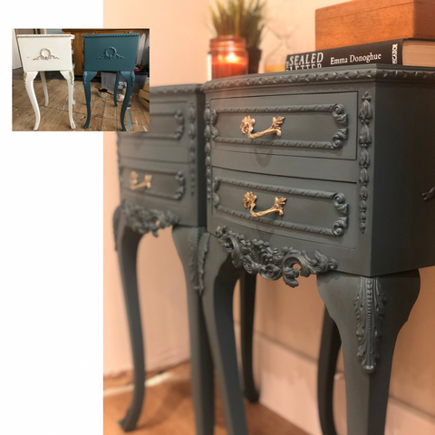 Blue painted Queen Anne style bedside tables