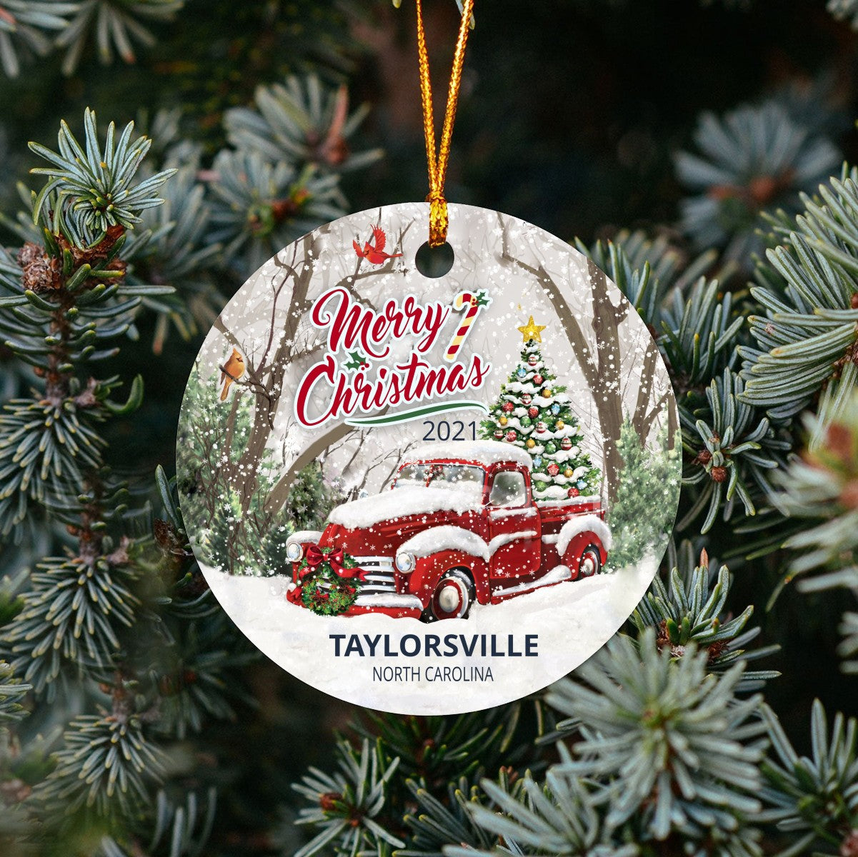 Christmas Tree Ornaments Taylorsville - Ornament Customize With Name City And State Taylorsville North Carolina NC - Red Truck Xmas Ornaments 3'' Plastic Gift For Family, Friend And Housewarming