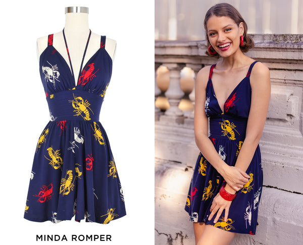 The Crawfish Minda Romper is a mash-up of our popular high waisted shorts paired with the 'Minda' style top with adjustable button straps and removable halter tie. Featuring a fun 1930s/40s novelty print of red, yellow, and white crustaceans on a deep navy blue background as a nod to Schiaparelli's lobster, the vintage-inspired Minda Romper boasts a deep v neck, fitted undercuts, and side pockets.