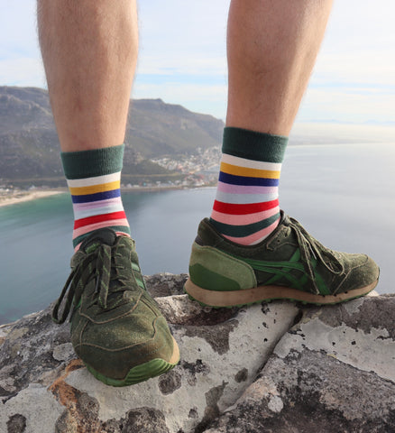 Men’s colourful stripe socks made in Cape Town, South Africa.