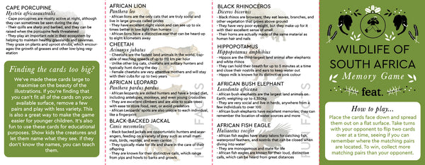 Front page of a fun facts brochure that will be included in Feat's Wildlife of South Africa memory game