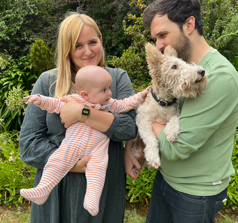 Photo of family with husband, wife, baby and dog