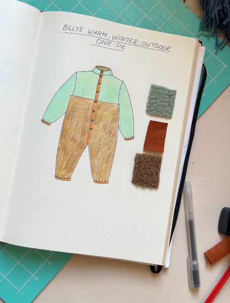 Photograph of colour sketch of baby boy's fleece, winter onesie