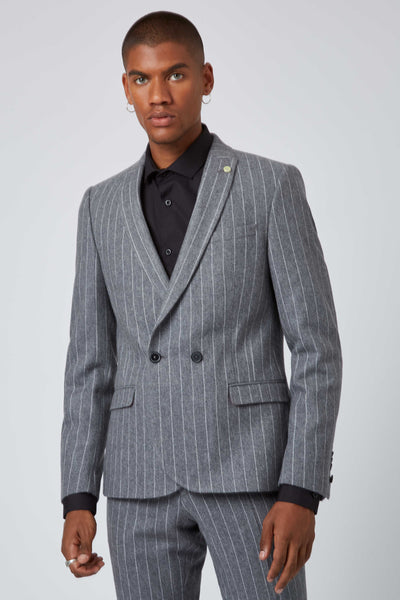 Twisted Tailor Ain Skinny Fit Double Breasted Grey Suit Jacket with White Pinstripe