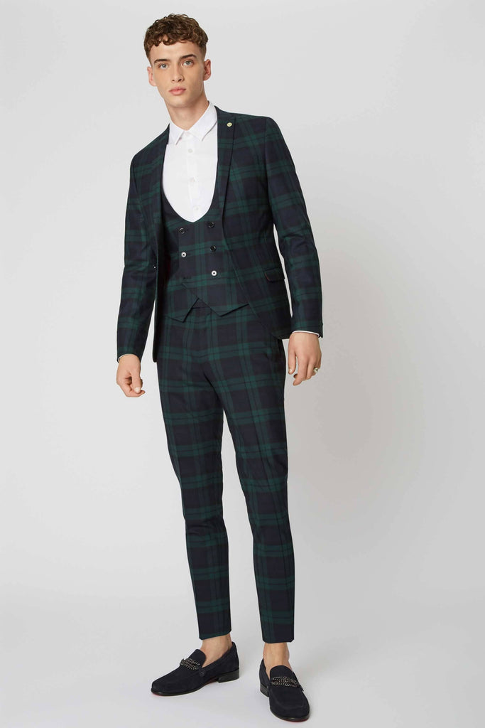 Twisted Tailor Grove Skinny Fit Green Tartan Tapered Trouser