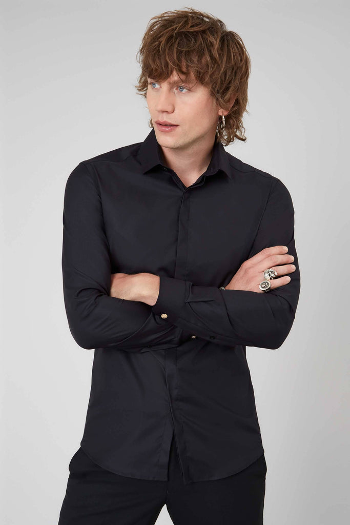 Twisted Tailor Keaton Skinny Fit Black Semi Spread Collar Shirt