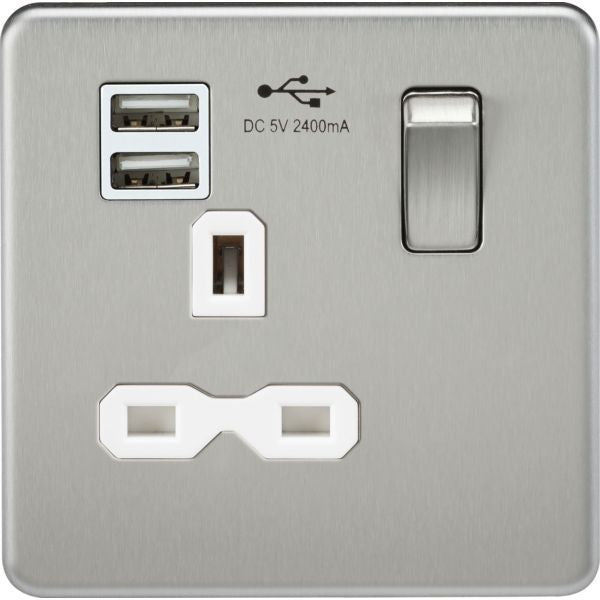 MLA Knightsbridge 13A 1 Gang Socket With Dual USB Charger (2.4A) Brushed Chrome W/White Insert - SFR9124BCW