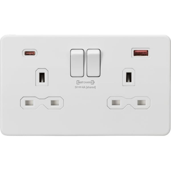 MLA Knightsbridge 13A 2 Gang DP Socket With Dual USB Charger Matt White - SFR9909MW