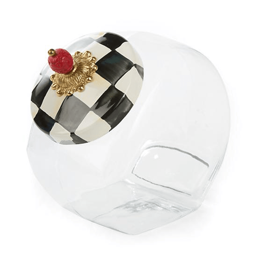 MacKenzie Childs Courtly Check Cookie Jar with Enamel Lid Lagoon Linens