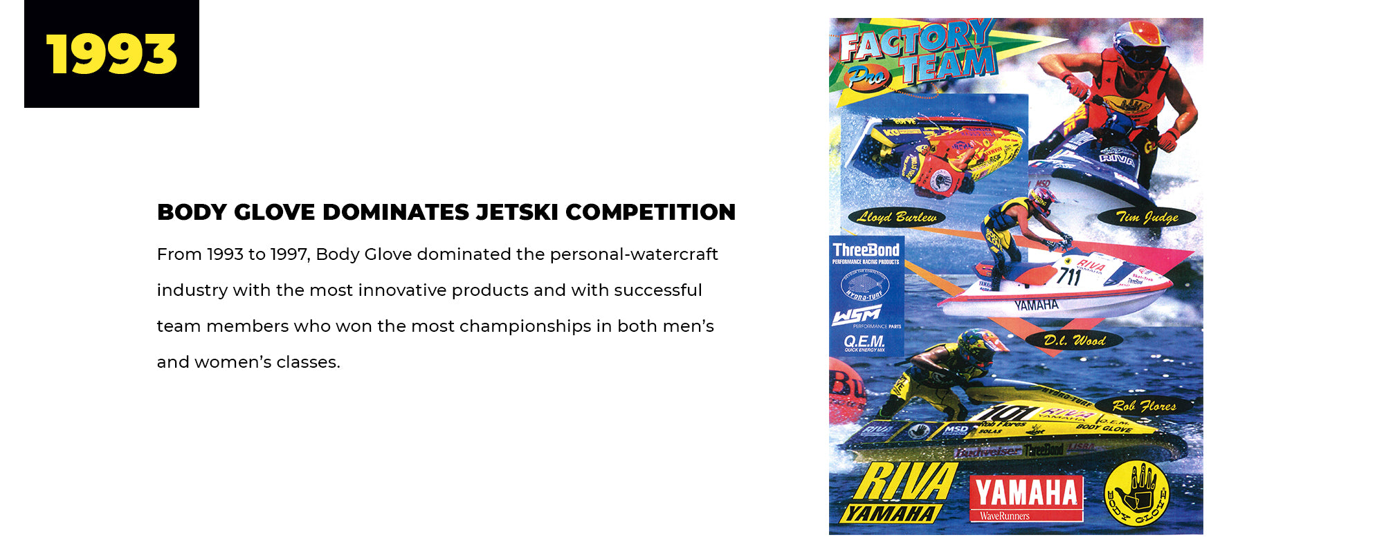 1993 | Body Glove Dominates Jetski Competition | From 1993 to 1997, Body Glove dominated the personal-watercraft industry with the most innovative products and with successful team members who won the most championships in both men's and women's classes.