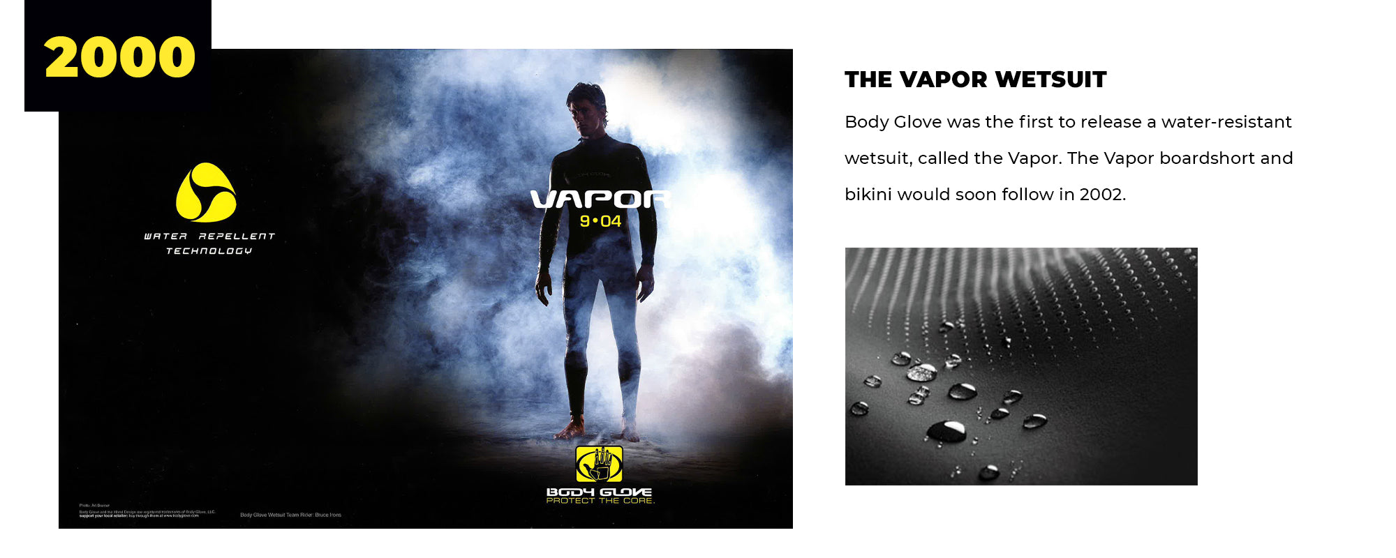 2000 | The Vapor Wetsuit | Body Glove was the first to release a water-resistant wetsuit, called the Vapor. The Vapor boardshort and bikini would soon follow in 2002.