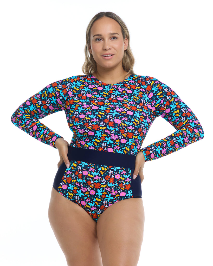 Vivid Field Plus Size Wave Long Sleeve Swimsuit - Indigo