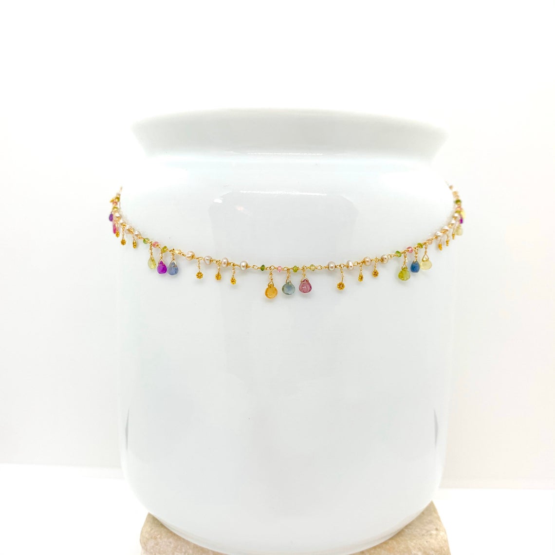 14K GOLD SAPPHIRE NECKLACE - Italian Gold Necklace – Sapphires, Tourmaline Necklace - 18k Gold Daisies - Freshwater Pearls