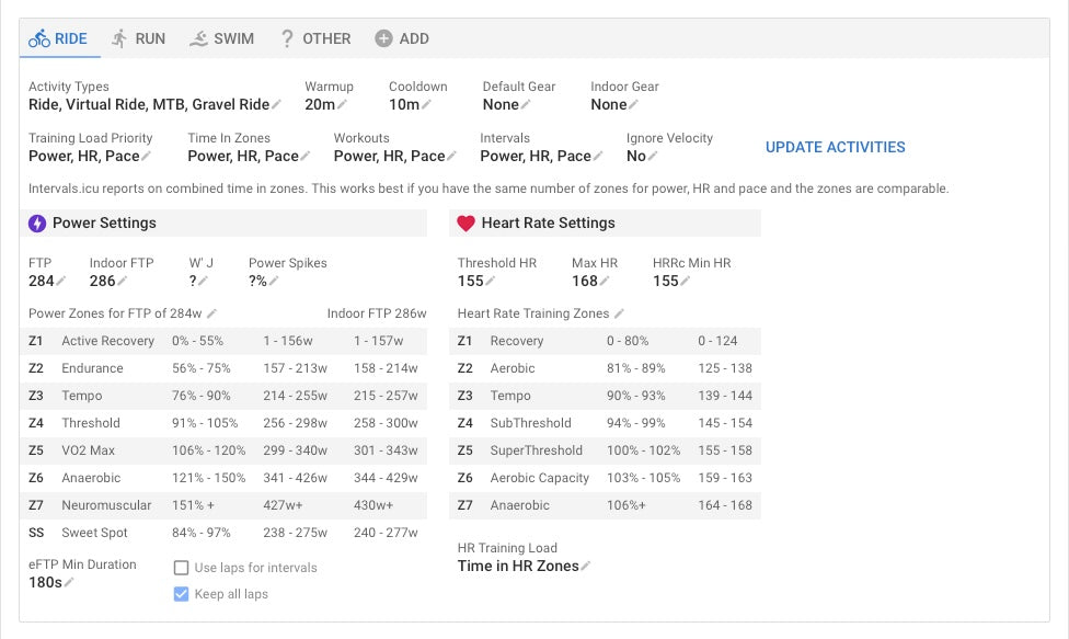 Power and Heart Rate Zone Table