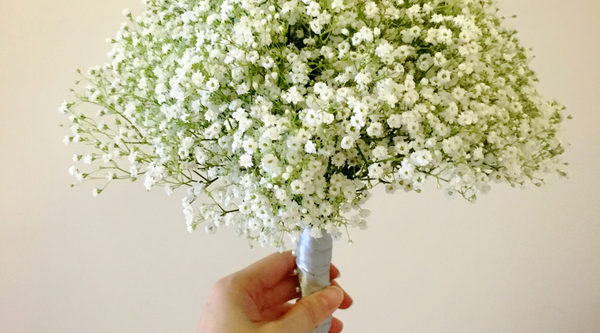 person's hand holding a baby's breath bouquet wrapped in silver and held against a cream background