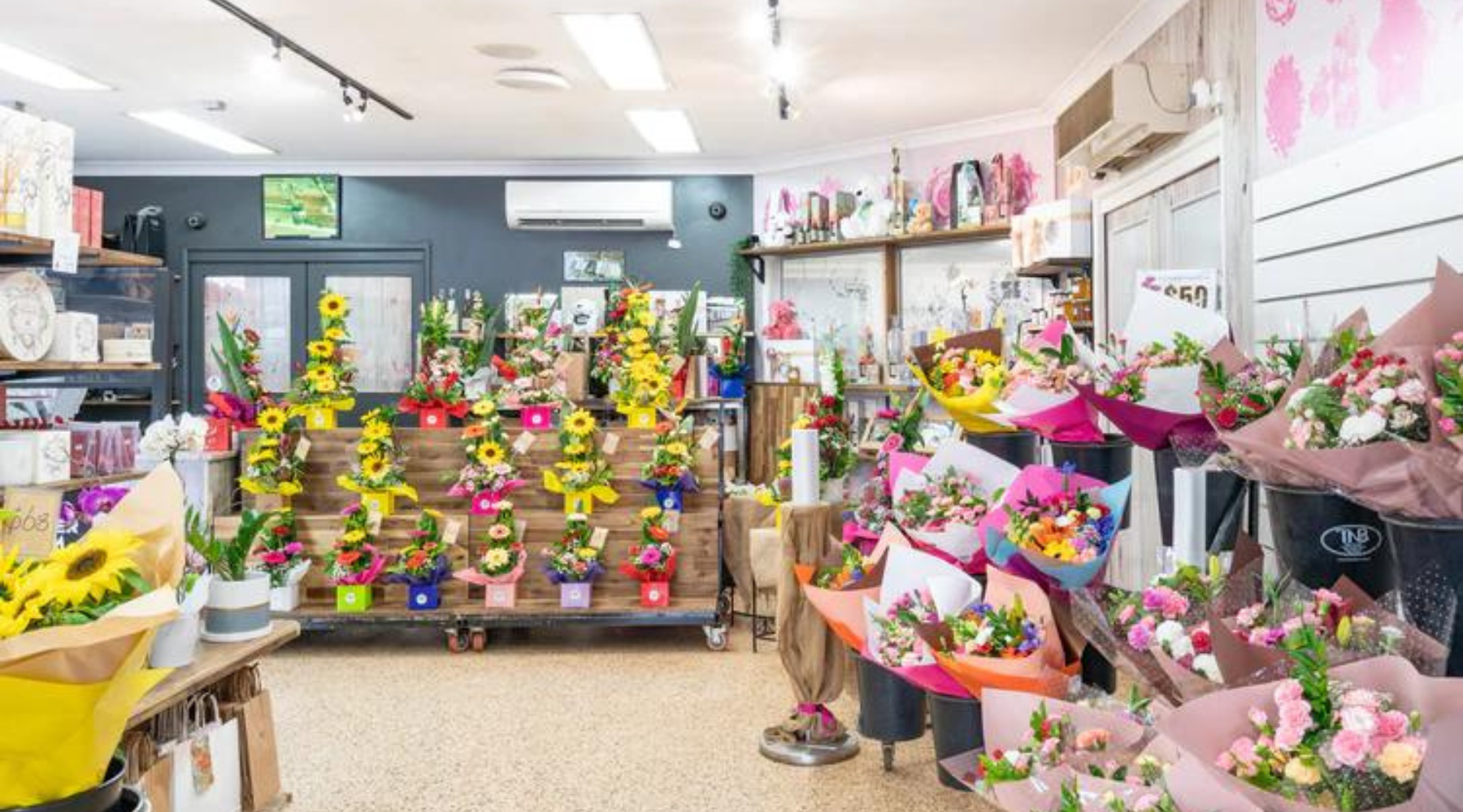 Birkdale flower farm retail shop with multicoloured arrangements on the shelves