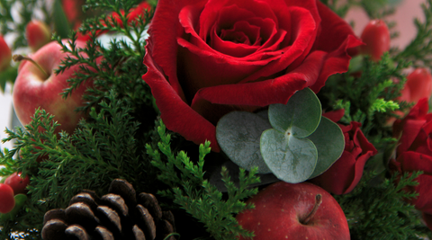 close up of a christmas flowers bouquet with red roses, greenery and a pinecone