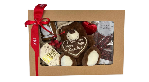 flower delivery with gifts box including drinking chocolate, a teddy bear, new farm confectionary chocolate and more