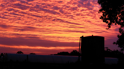 image of a water tank silhouetted against a bright orange sunset