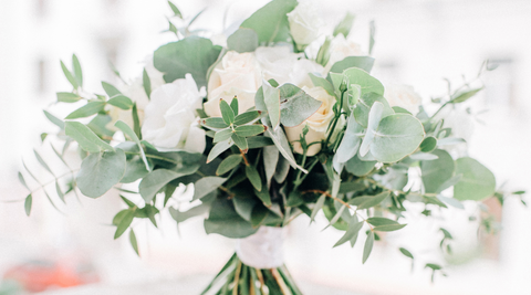 close up of white flowers surrounded by green dusky foliage in a bouquet