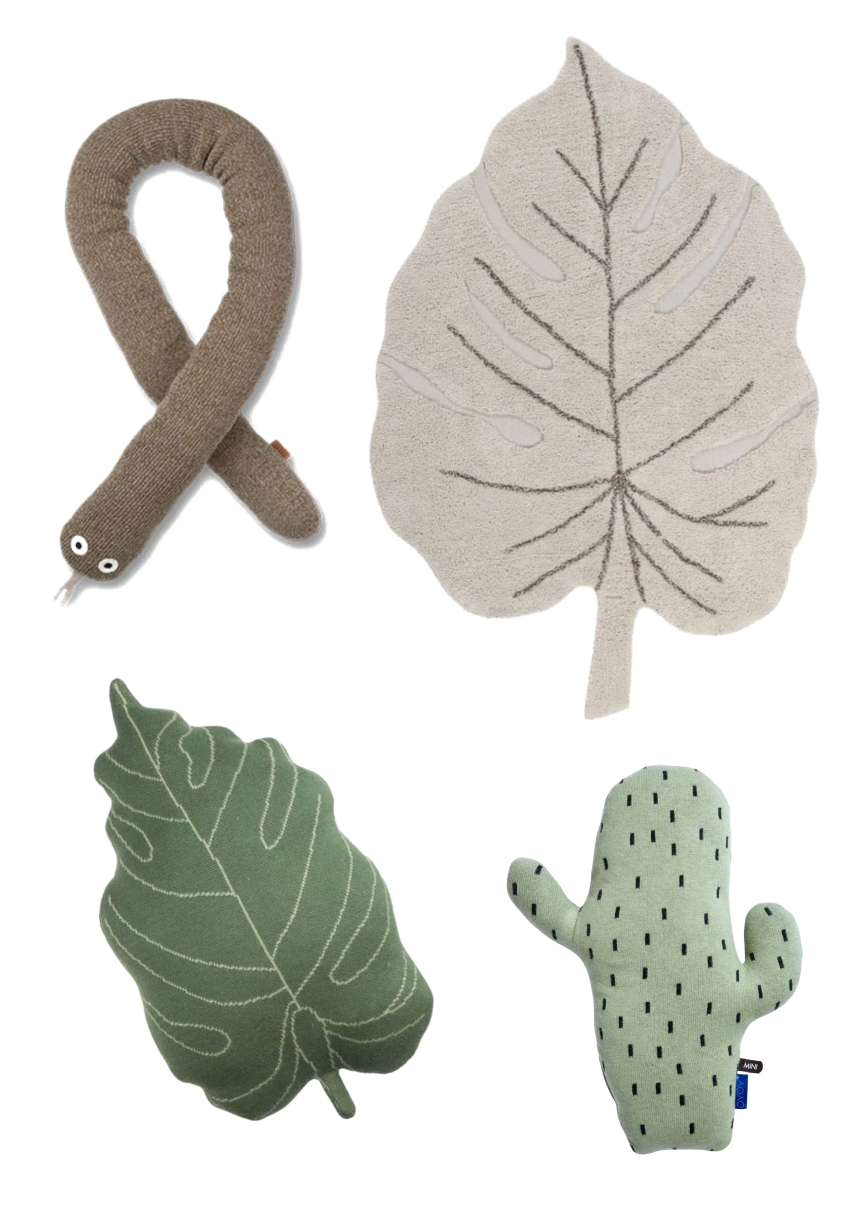 lorena-canals-monstera-leaf-rug-cushion-oyoy-living-cactus-snake-toy-ferm-living