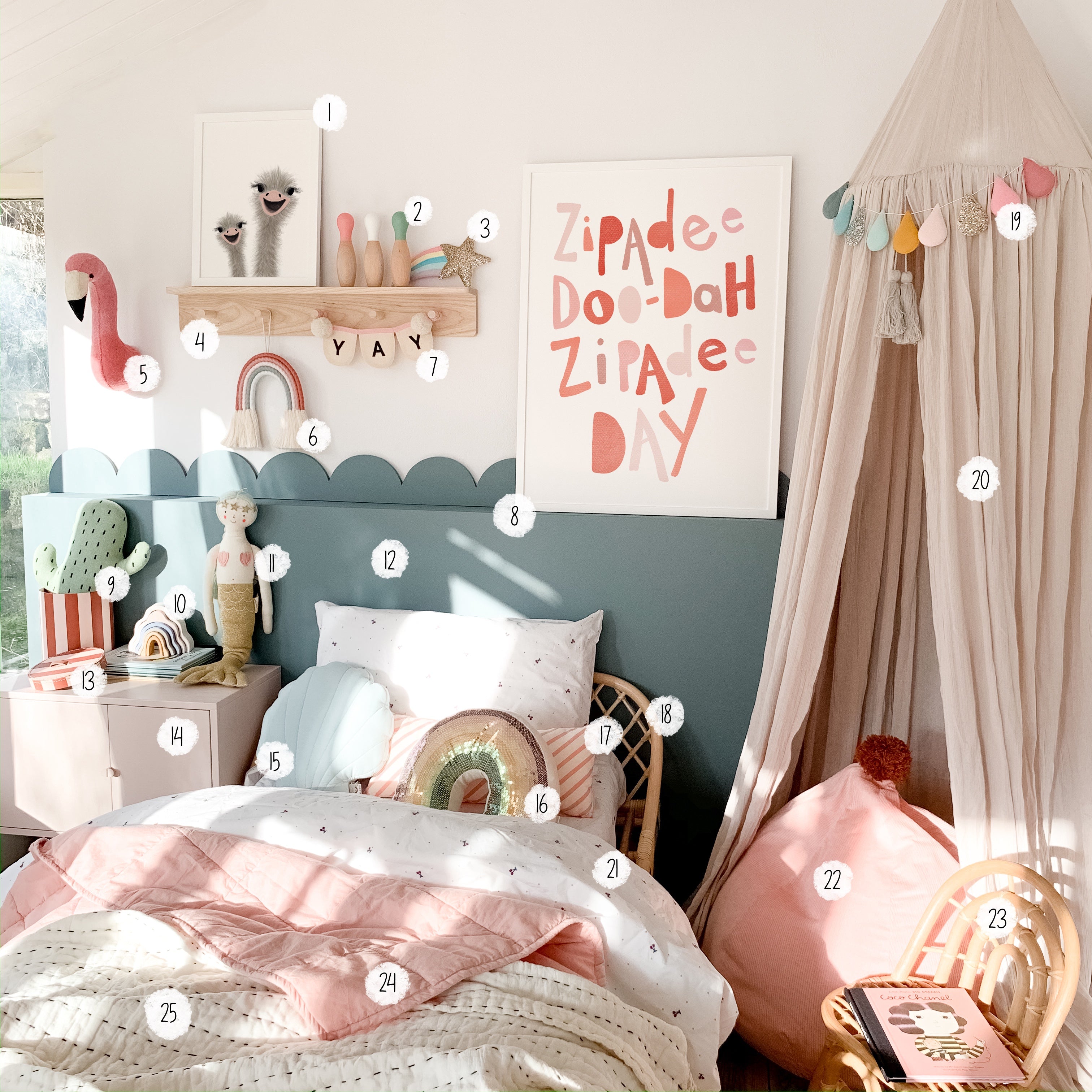 girls-bedroom-decor-ideas-pink-rainbow-cushion-reading-canopy-scalloped-wall-paint