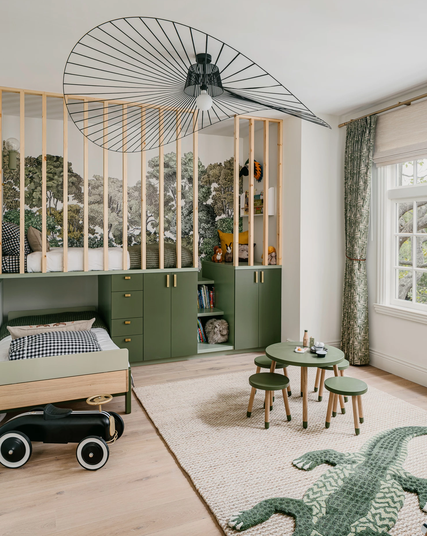 diy-bunk-bed-ideas-jungle-animal-safari-wall-art-prints-kids-green-bedroom-decor-playroom