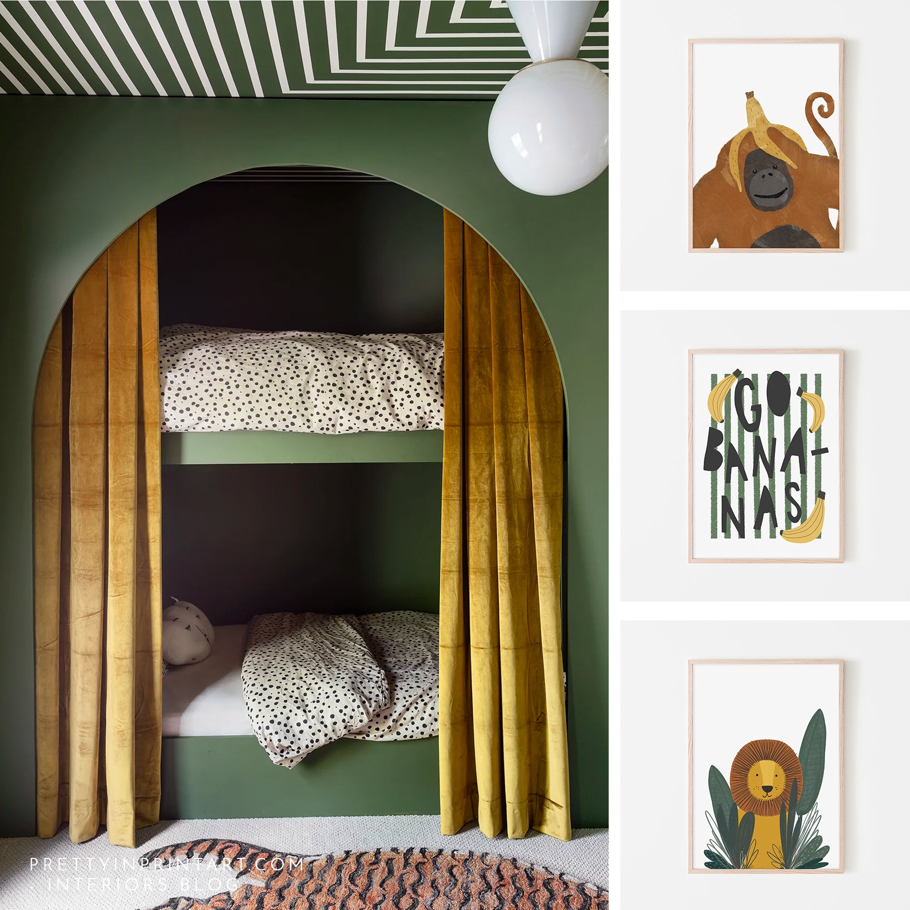 diy-bunk-bed-ideas-jungle-animal-safari-wall-art-prints-kids
