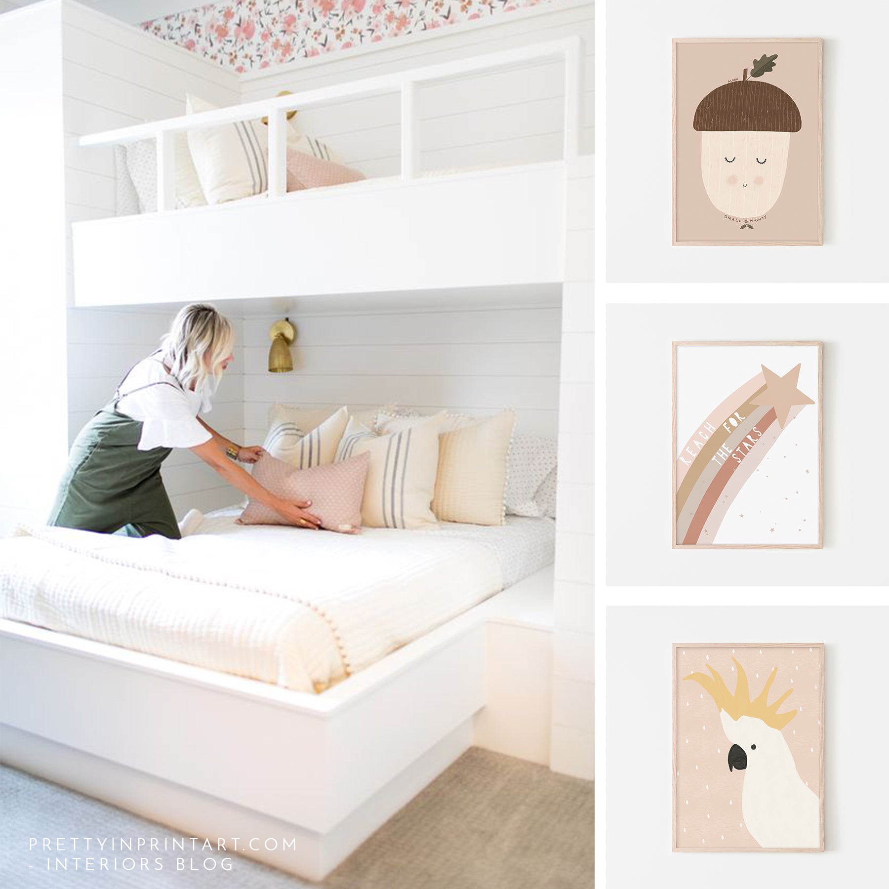 shared-kids-bedroom-ideas-bunk-beds-diy-loft-bed-childs-room-pink-bedroom-decor-kids-art-posters-prints
